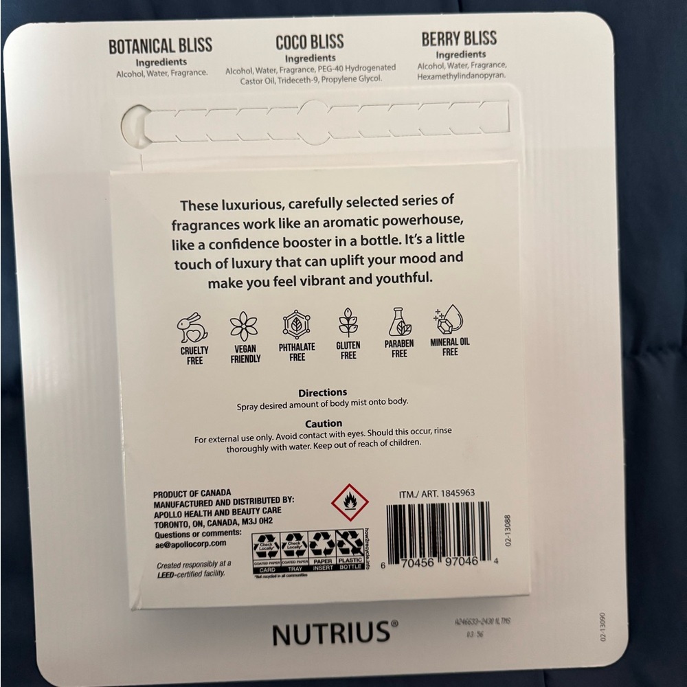 Nutrius Body Mist - pkg of 3: Berry, Coco & Botanical Bliss - Picture 9 of 11